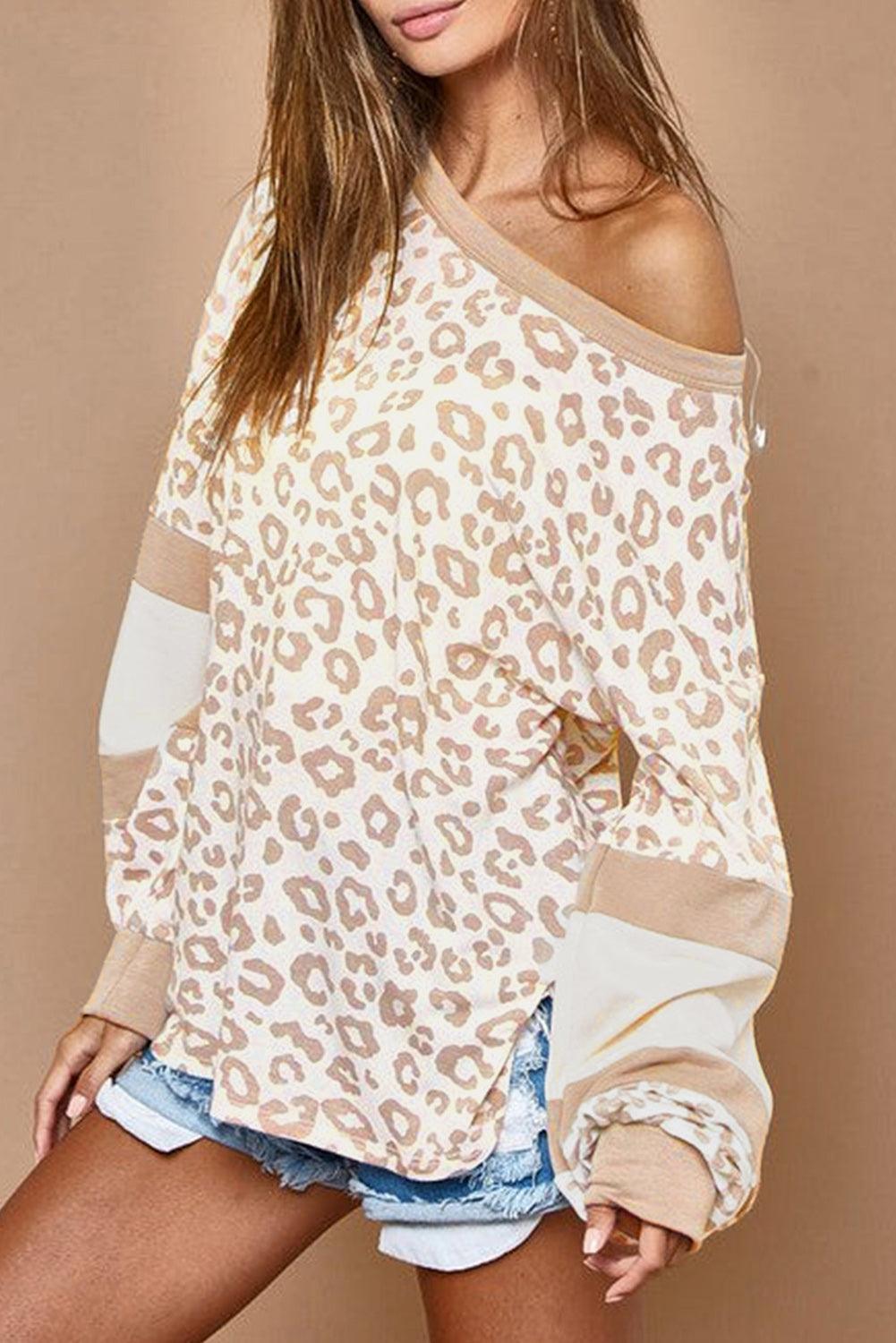 Bright White Leopard Print Round Neck Puff Sleeve Top - L & M Kee, LLC