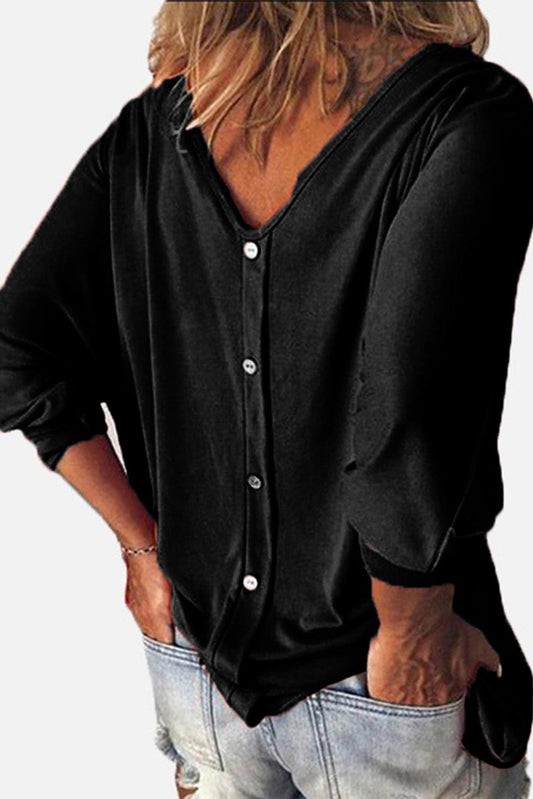 Black Button Decor Loose Fit V Neck Top - L & M Kee, LLC