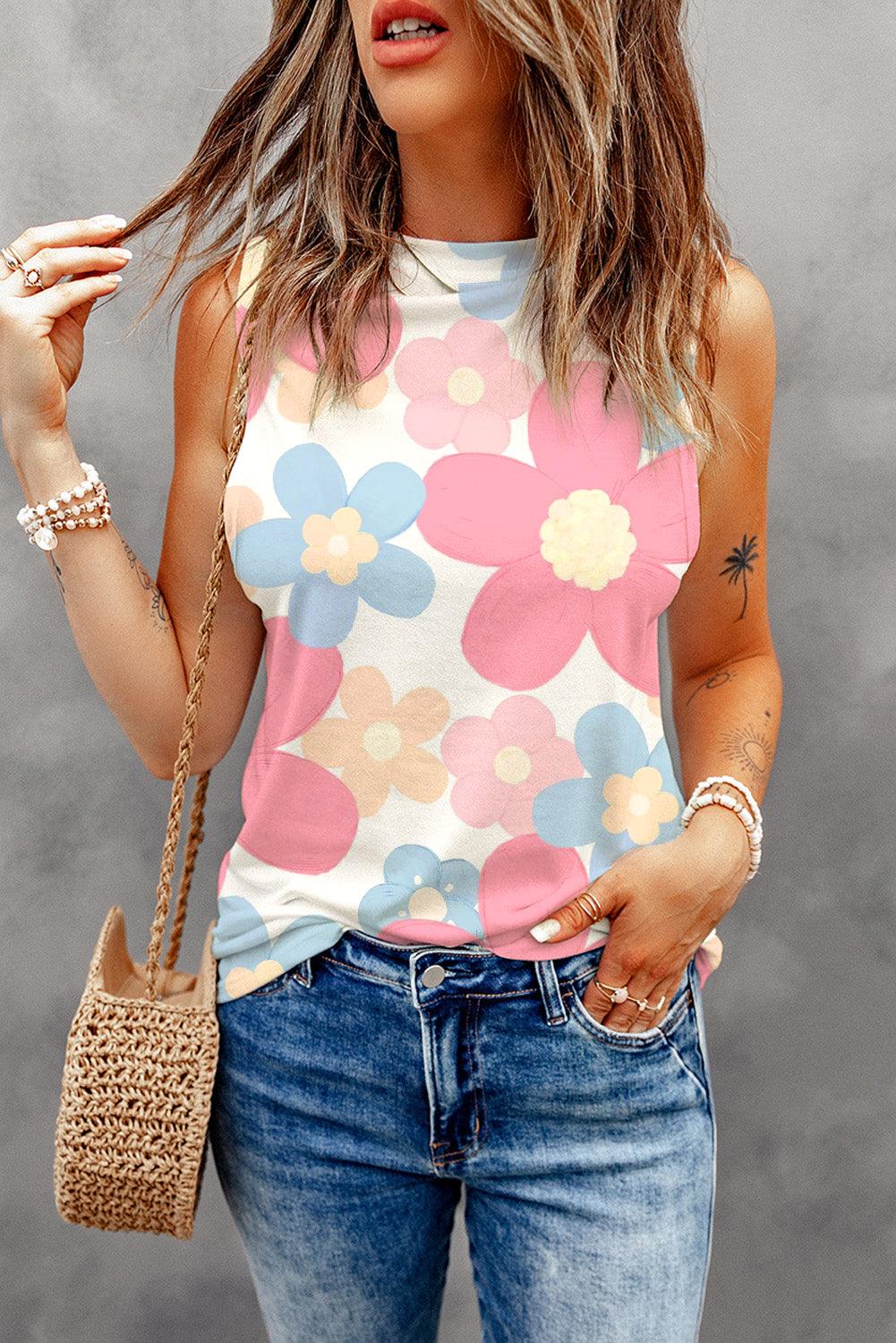 Pink Floral Print Round Neck Sleeveless Top - L & M Kee, LLC