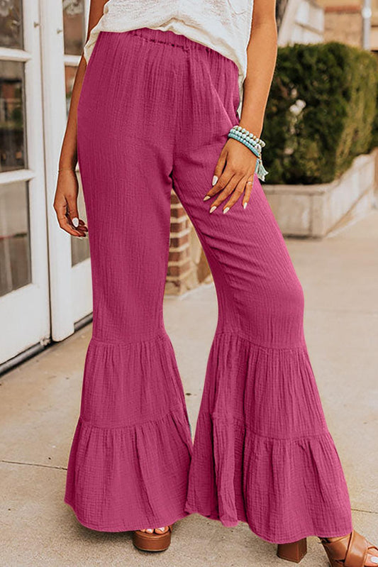 Textured High Waist Ruffled Bell Bottom Pants - L & M Kee, LLC