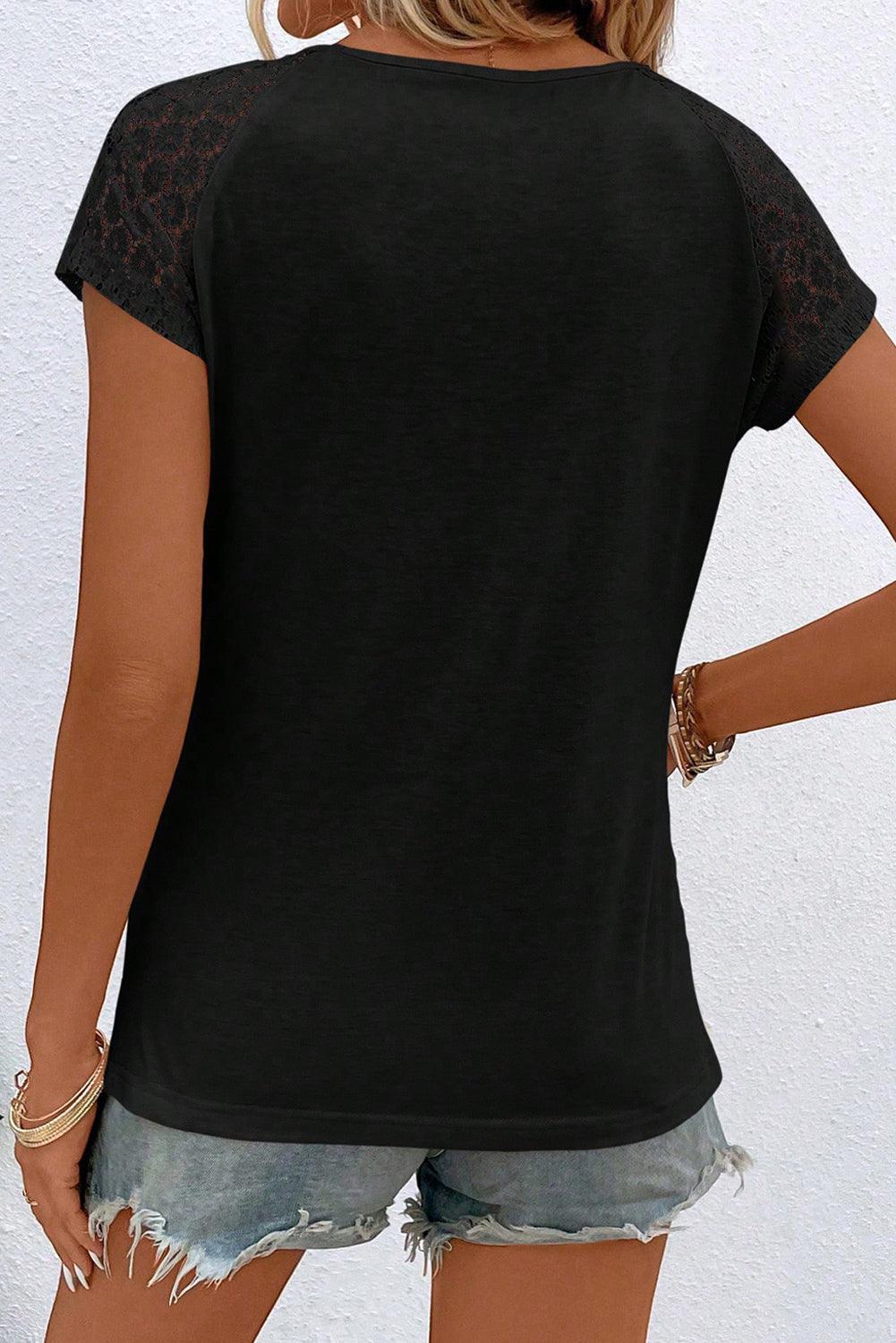 Black Contrast Lace Sleeve Keyhole Decor Top - L & M Kee, LLC