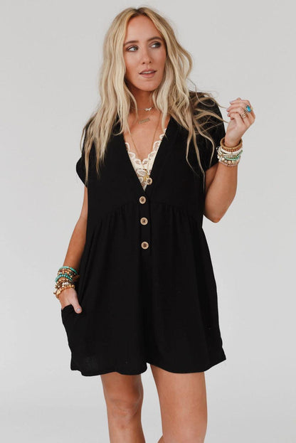 Black V Neck Buttons Loose Cuffed Short Sleeve Romper - L & M Kee, LLC