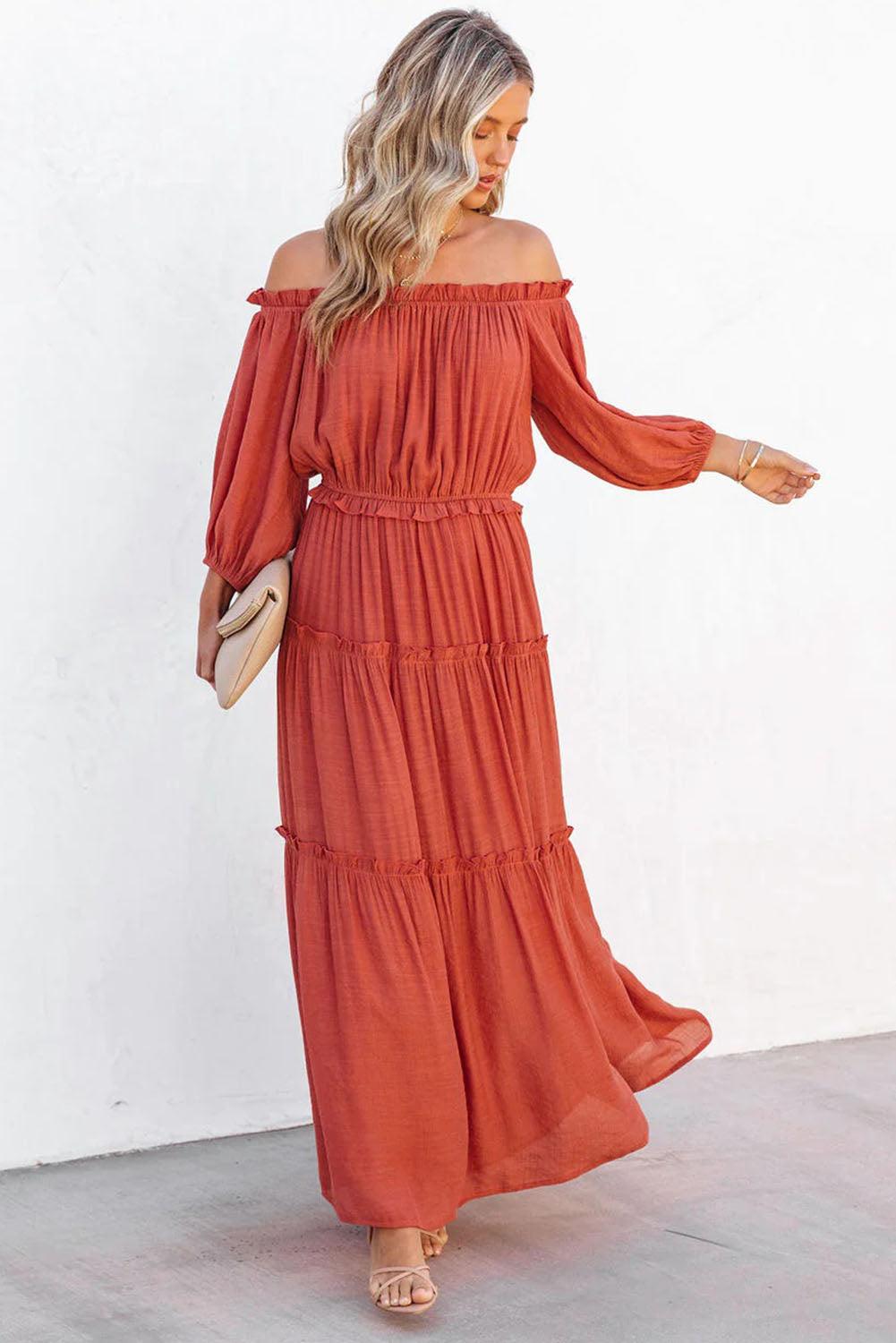 Orange Off Shoulder Balloon Sleeve Cutout Ruffled Maxi Dress - L & M Kee, LLC