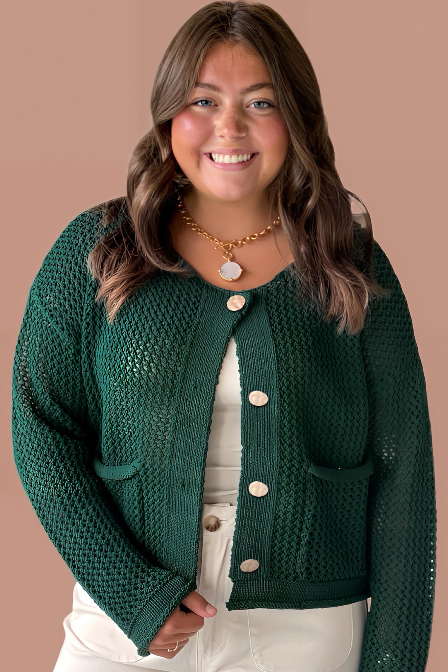 Blackish Green Plus Size Golden Accent Buttons Short Sweater Cardigan