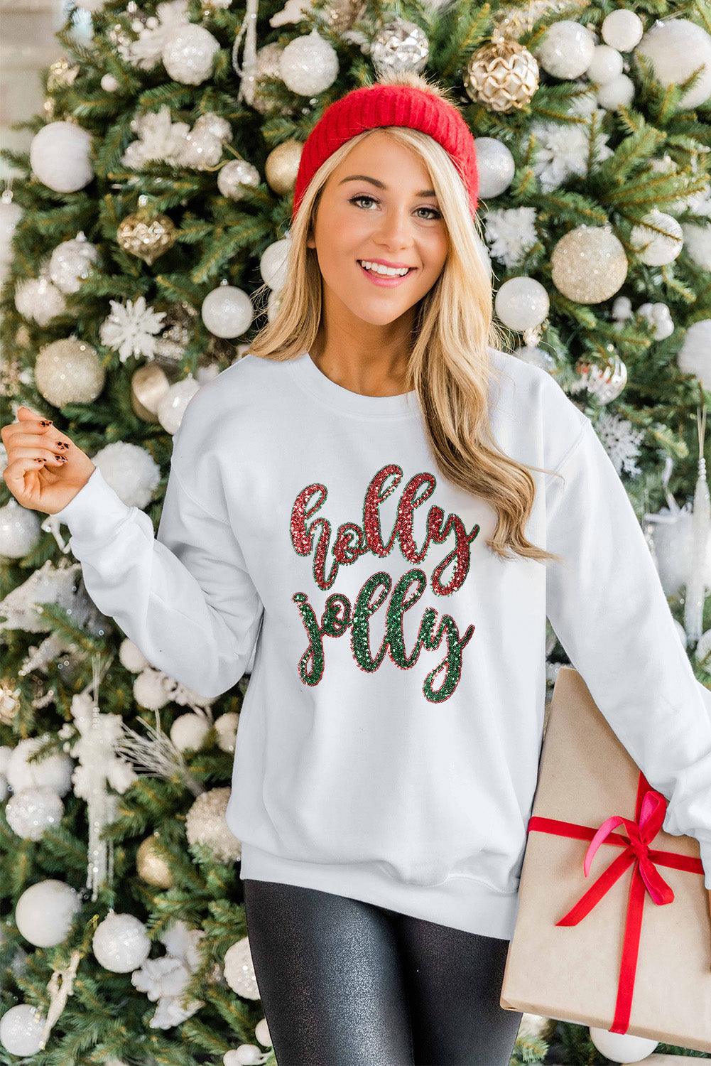 White Sequined holly jolly Graphic Christmas Sweatshirt - L & M Kee, LLC