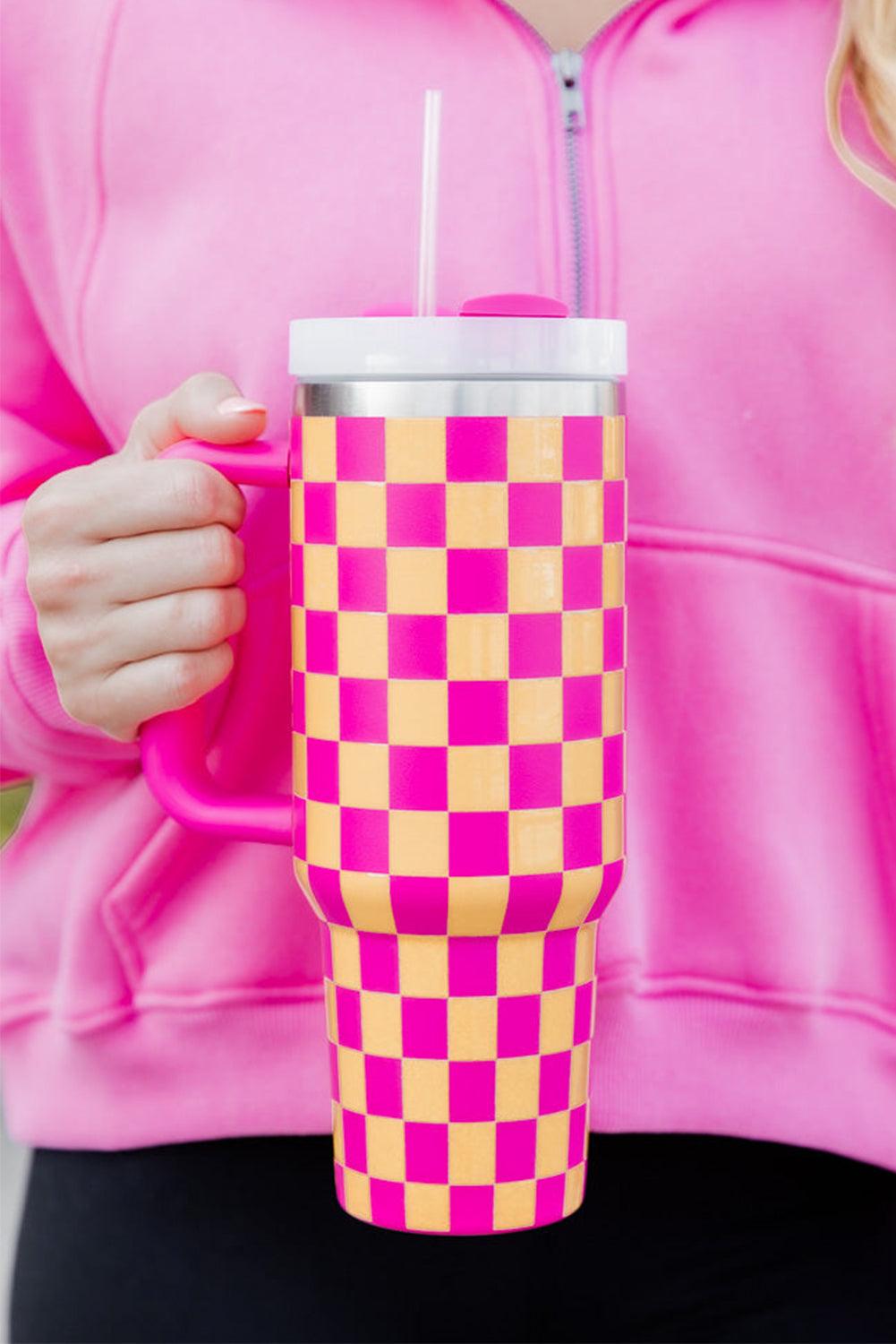 Dark Pink Checkered Print Handled Stainless Steel Tumbler Cup 40oz - L & M Kee, LLC