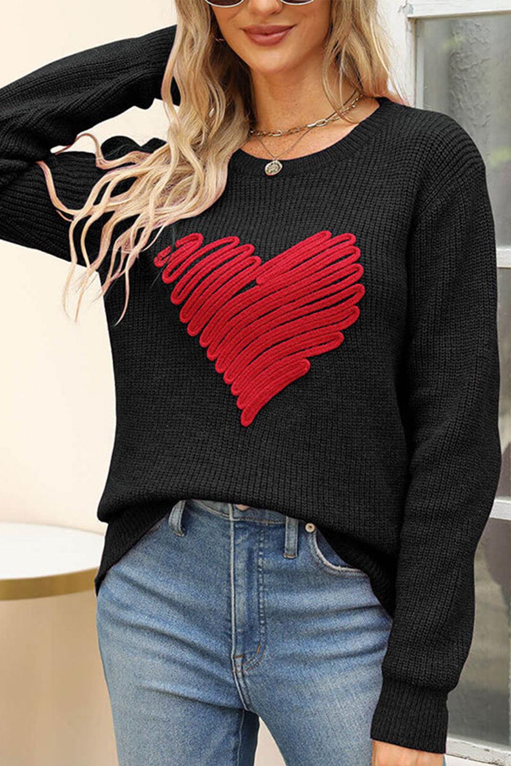 Black Valentines Heart Sketch Round Neck Sweater - L & M Kee, LLC