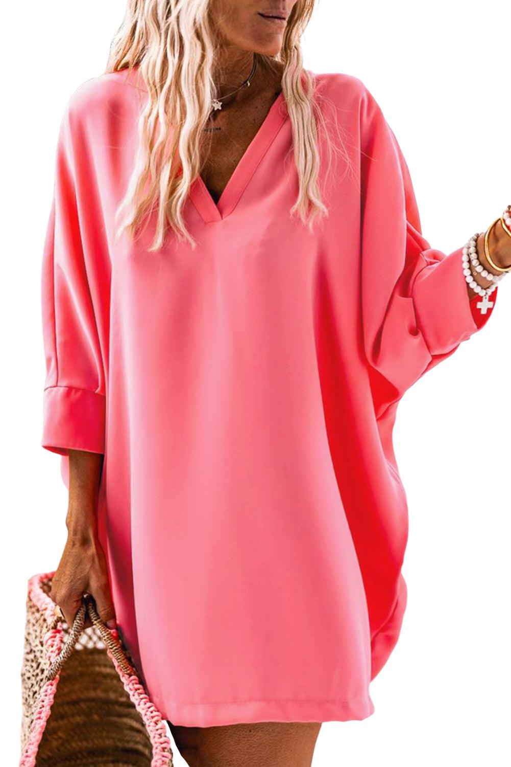 Strawberry Pink V Neck Dolman Sleeve Short Shift Dress - L & M Kee, LLC