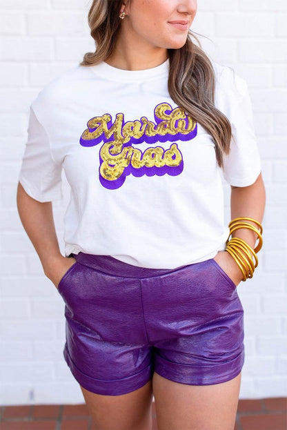 White Mardi Gras Sequin Graphic T-shirt - L & M Kee, LLC