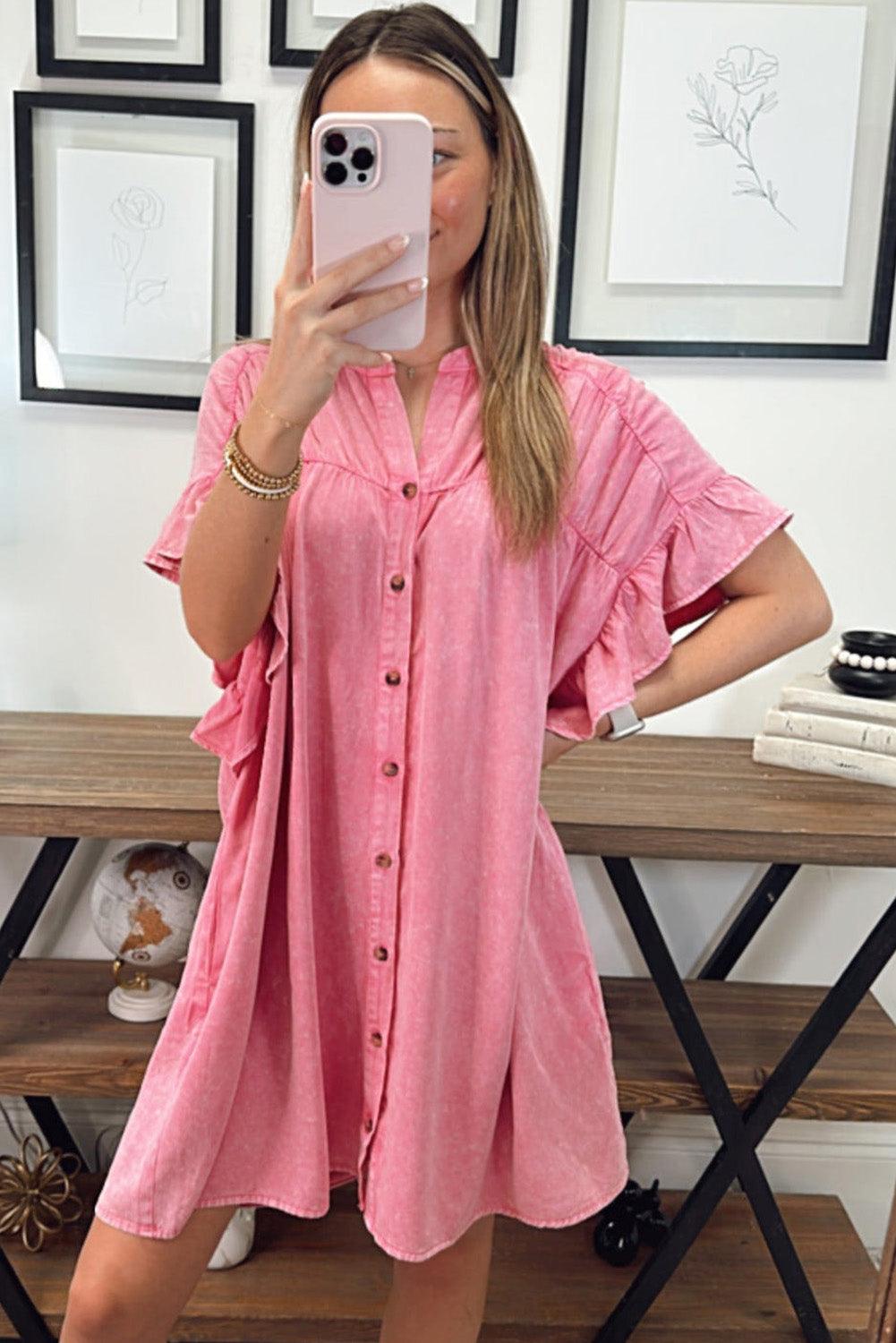 Pink Ruffled Short Sleeve Buttoned Denim Mini Dress - L & M Kee, LLC