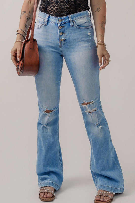 Beau Blue High Waist Button Front Ripped Flare Jeans - L & M Kee, LLC