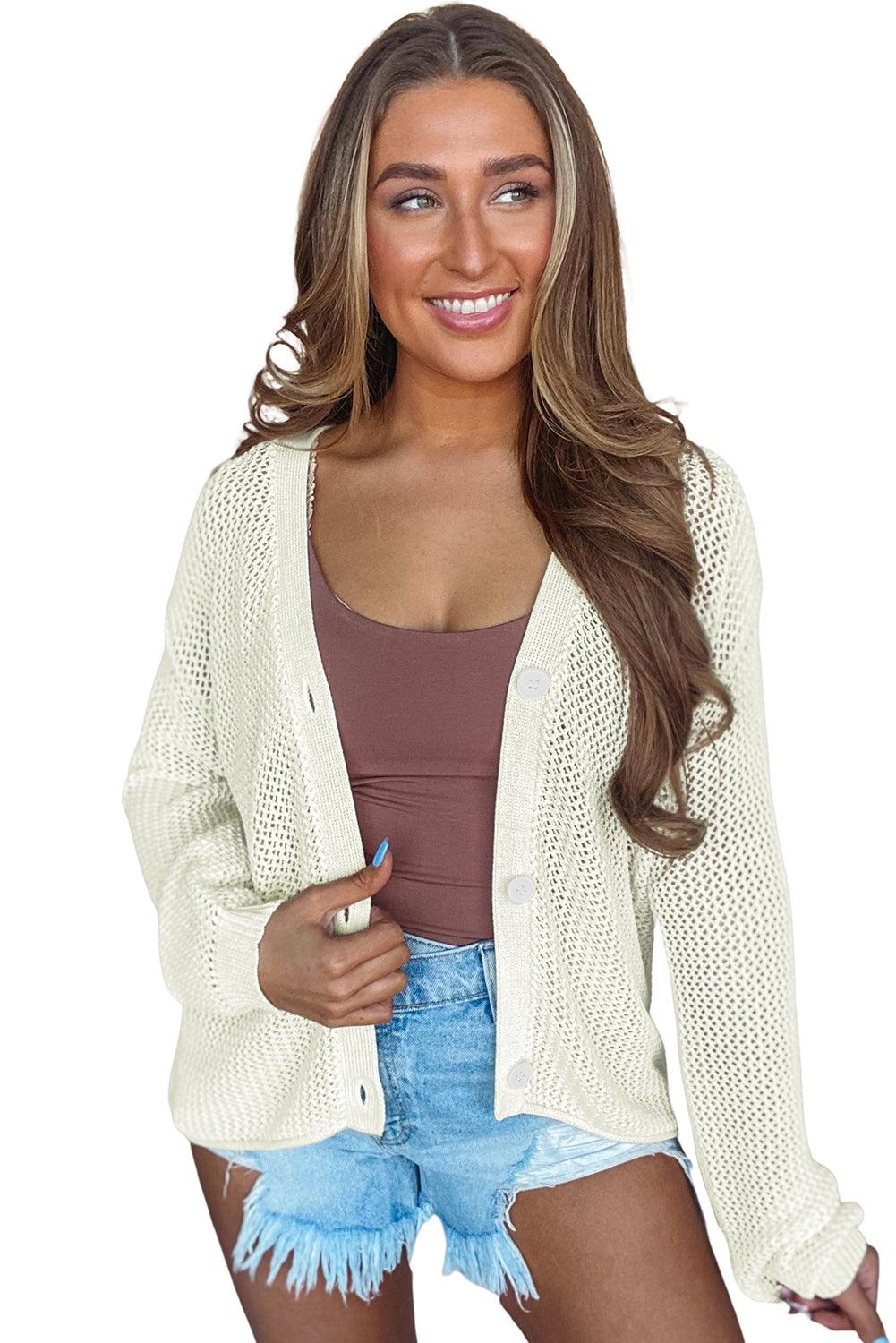 Beige Plain Hollowed Knit Button Front Cardigan - L & M Kee, LLC