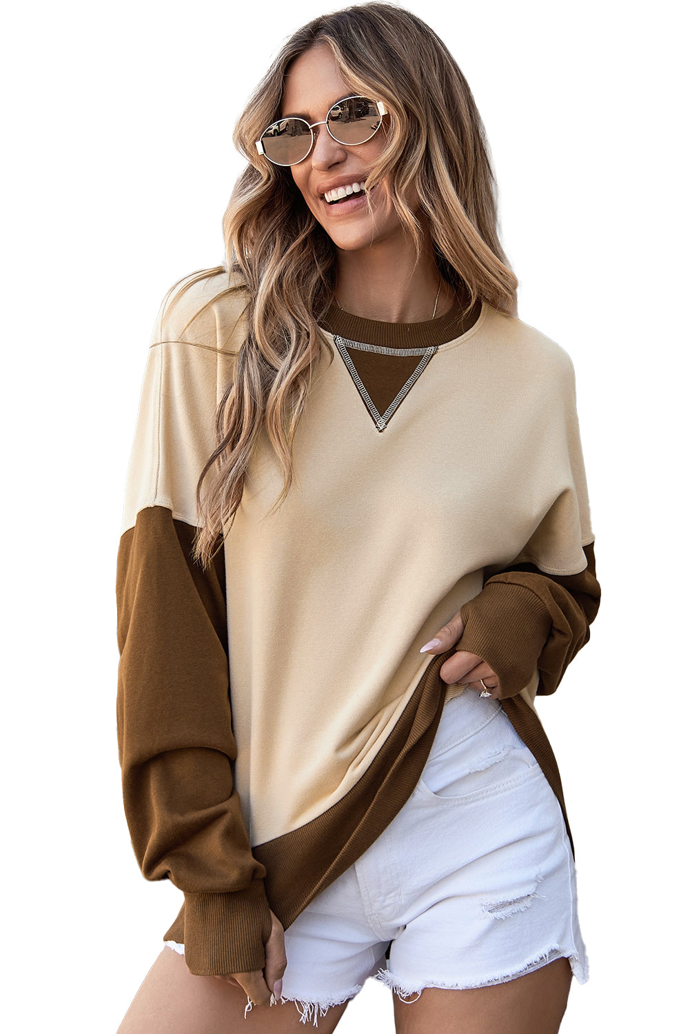 Parchment Color Block Thumbhole Sleeve Drop Shoulder Sweatshirt