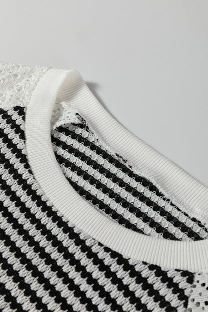 Black Stripe Textured Knit Contrast Hollowed Lace Patchwork Long Sleeve Top