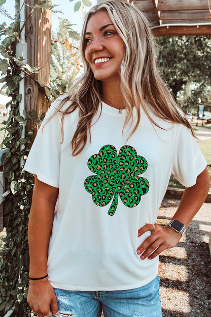 White Leopard Four Leaf Clover Graphic Tee - L & M Kee, LLC