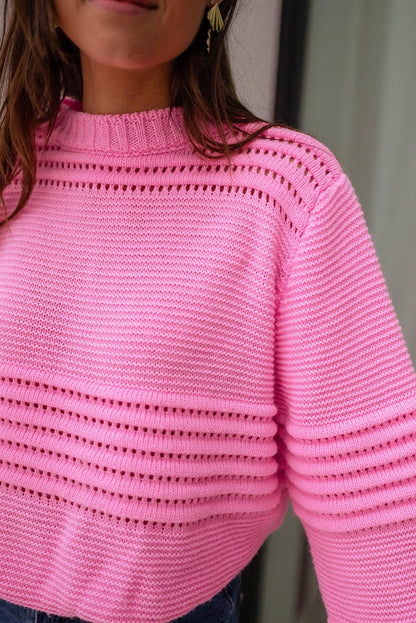 Pink Solid Color Cable Knit Eyelets Mock Neck Sweater - L & M Kee, LLC