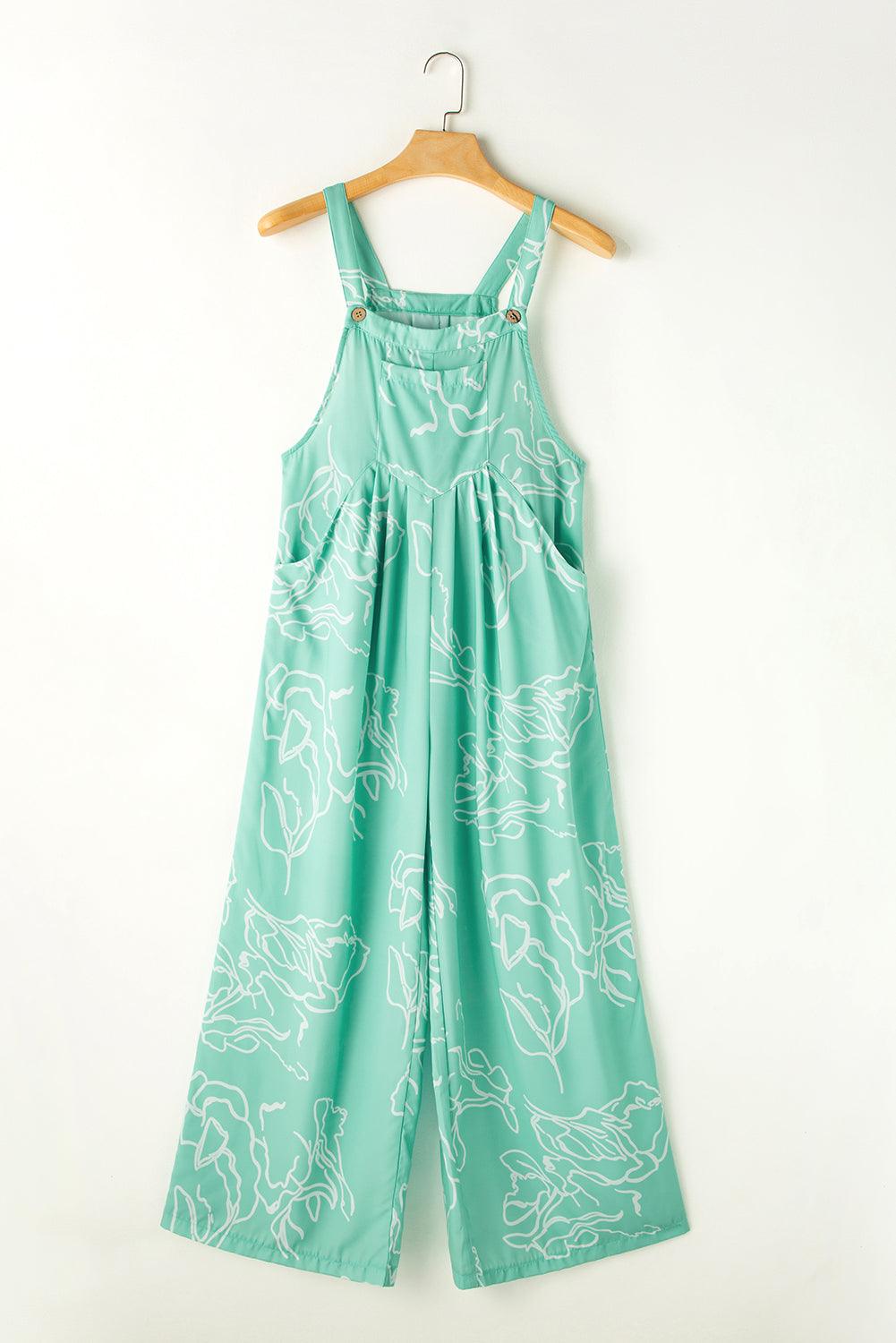 Moonlight Jade Printed Bib Wide Leg Overalls - L & M Kee, LLC