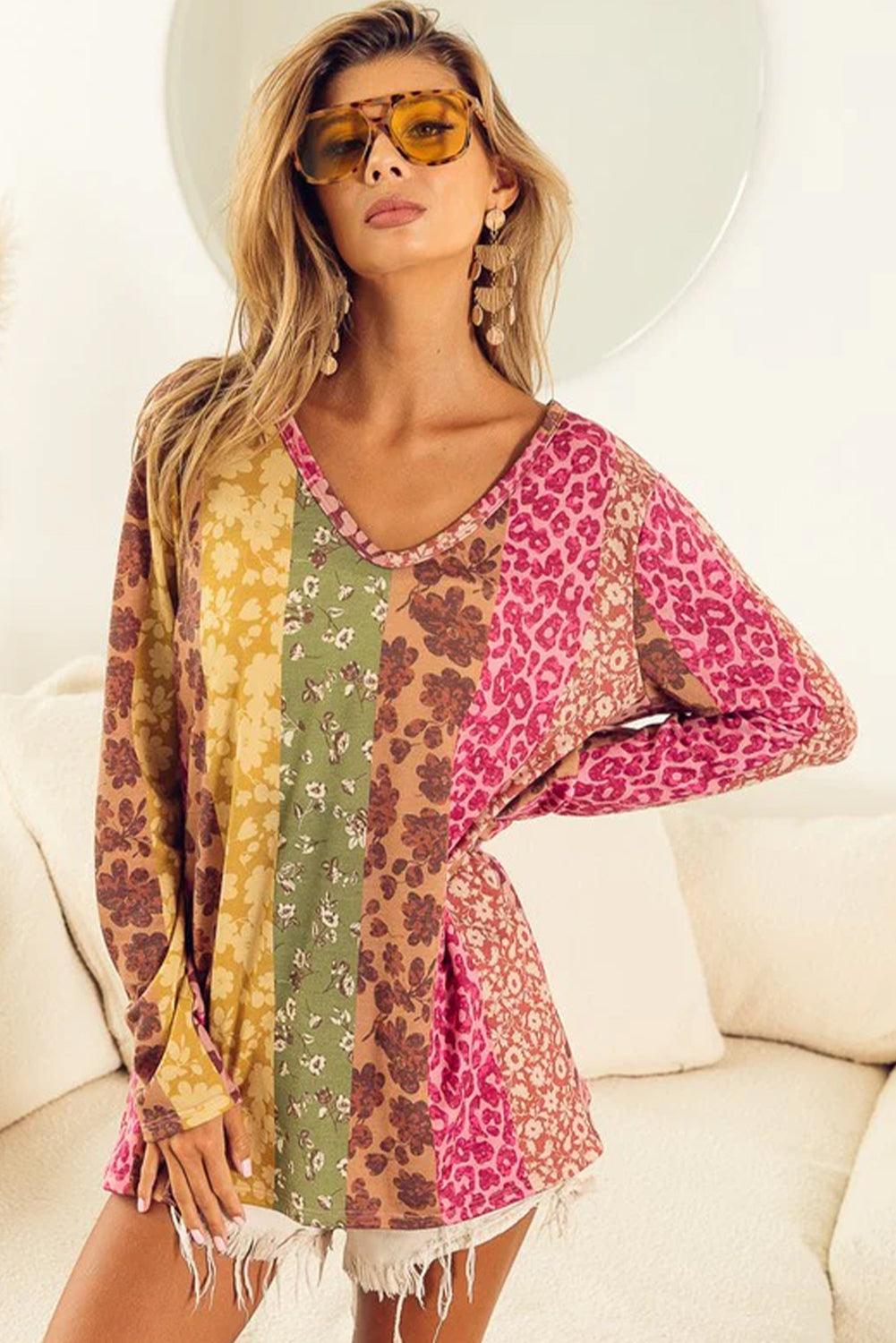 Multicolor Floral Leopard Mixed Print V Neck Long Sleeve Tee - L & M Kee, LLC