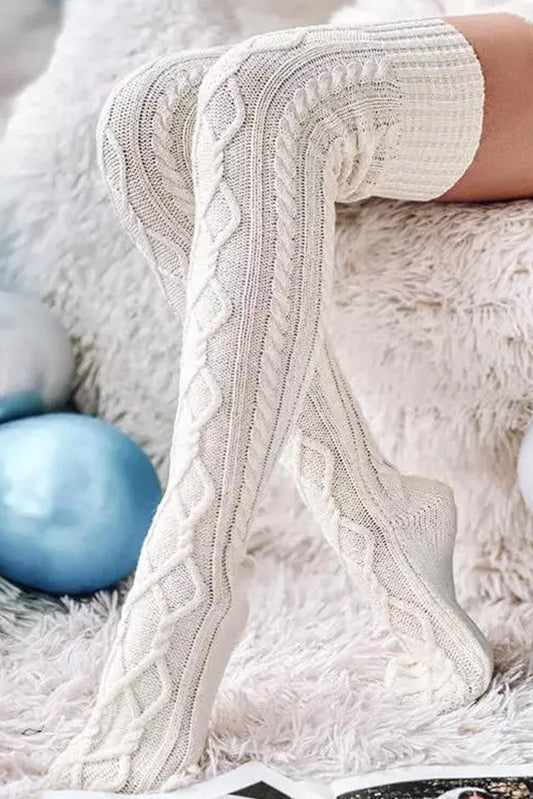 Bright White Cable Knit Thigh High Winter Socks - L & M Kee, LLC