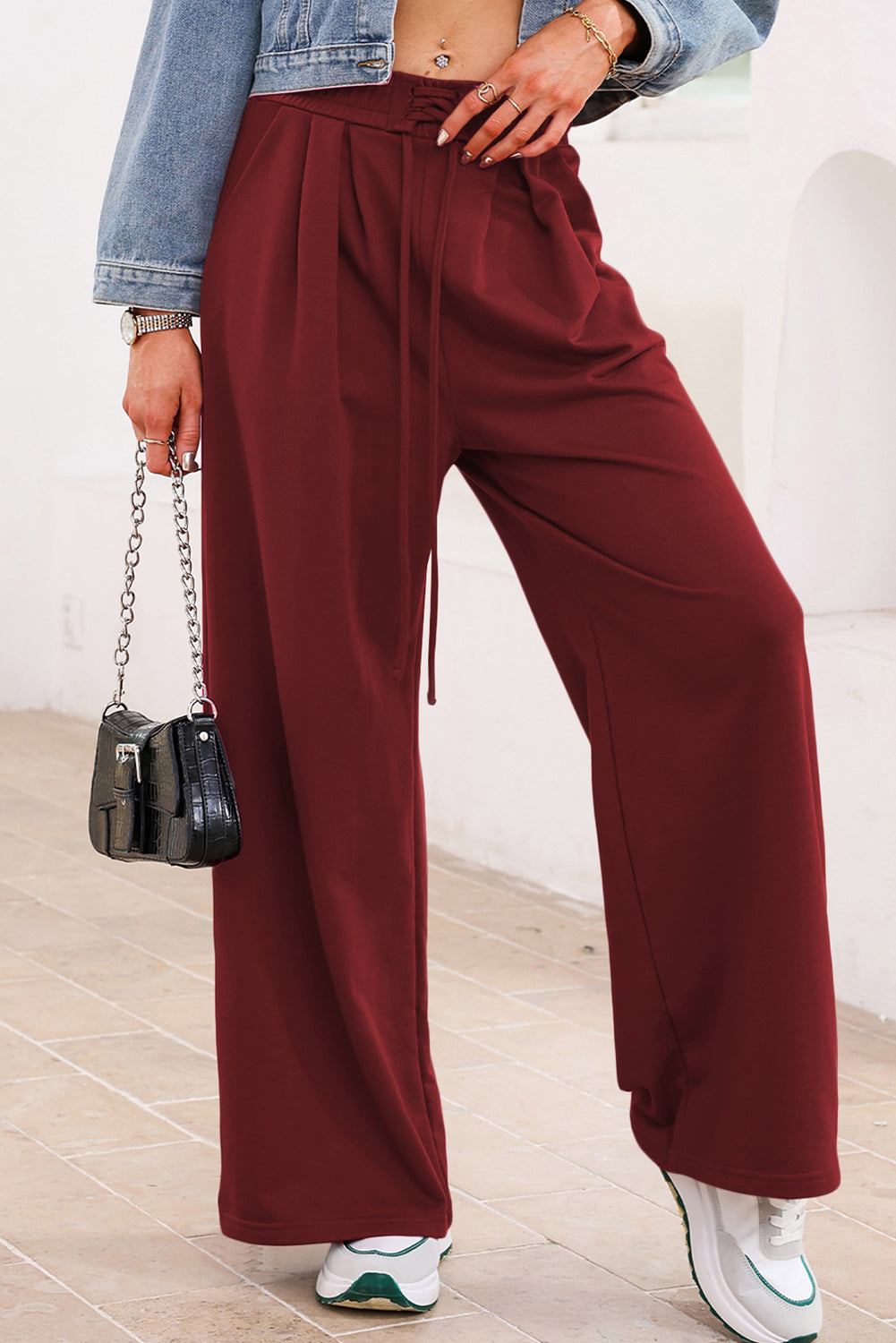Burgundy Tied Elastic High Waist Pleated Detail Solid Sweatpants