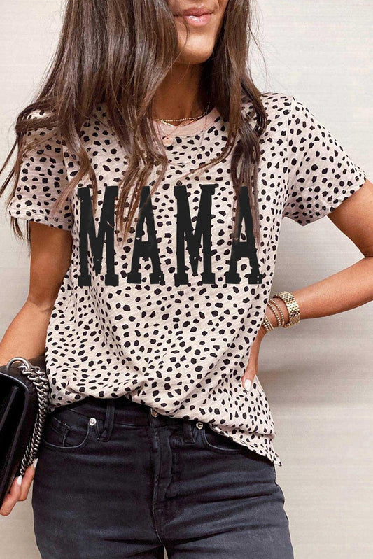 Apricot Leopard MAMA Graphic Crew Neck T Shirt - L & M Kee, LLC