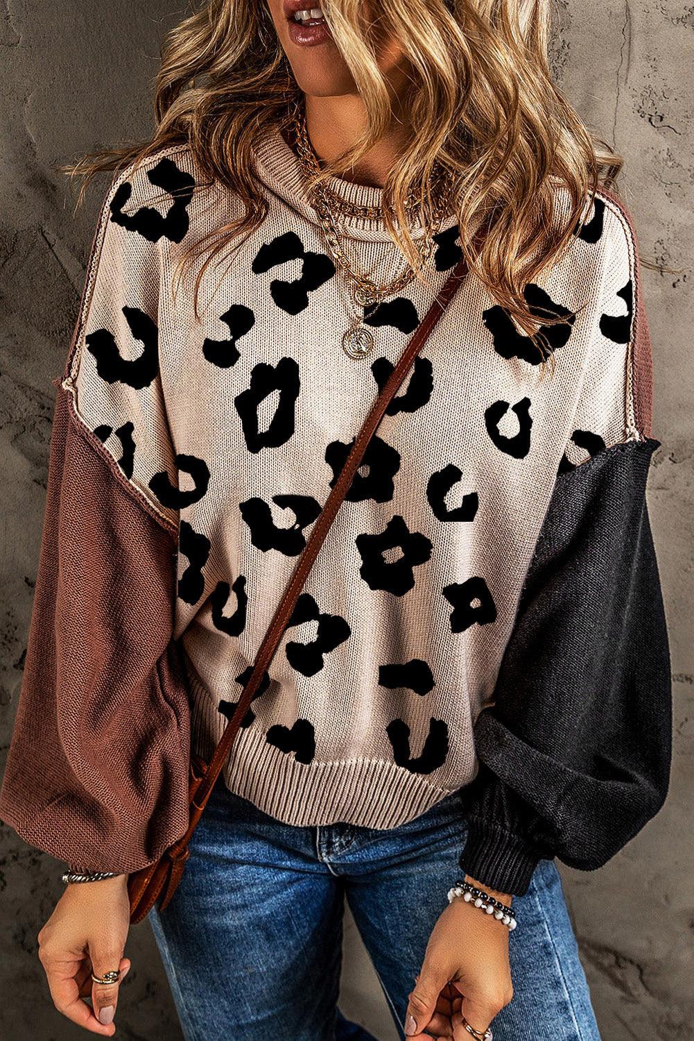 Coffee Leopard Print Colorblock Pullover Sweater - L & M Kee, LLC