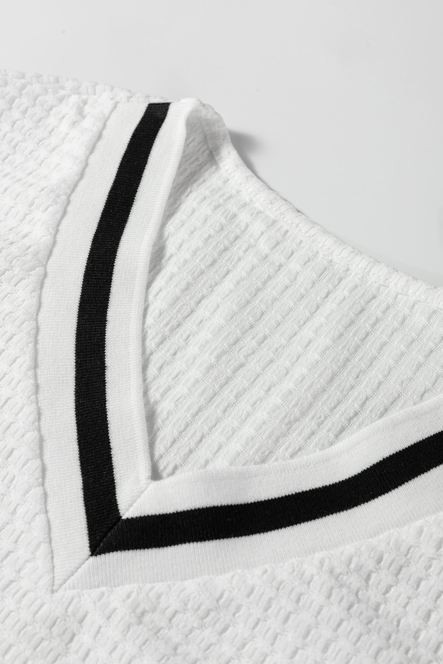 White Textured Knit Preppy Striped Trim V Neck Pullover Waffle Top