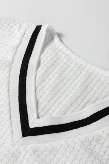 White Textured Knit Preppy Striped Trim V Neck Pullover Waffle Top