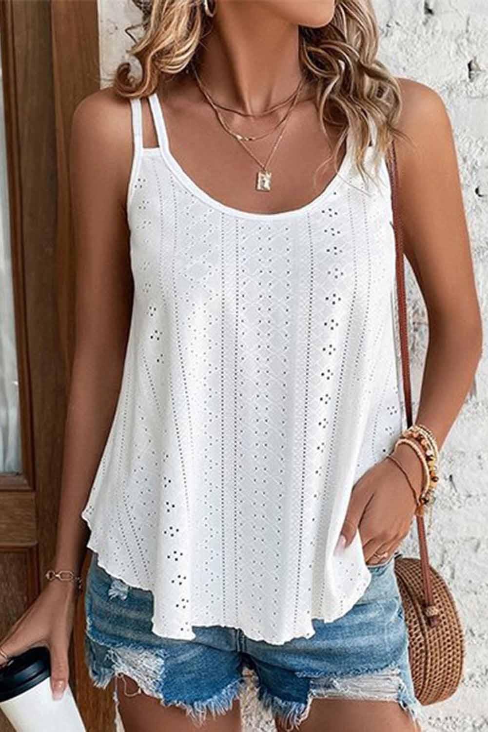 White Eyelet Strappy Scoop-Neck Tank Top - L & M Kee, LLC