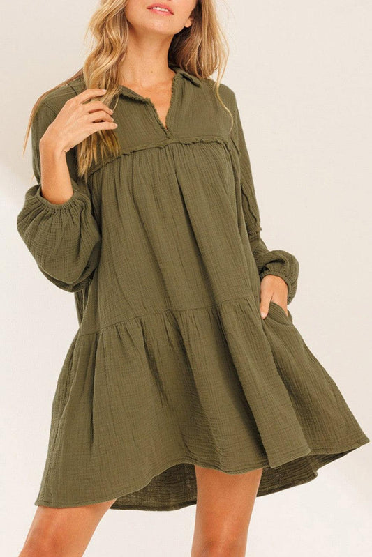 Green Frayed Trim Split Neck Puff Sleeve Flared Dress - L & M Kee, LLC