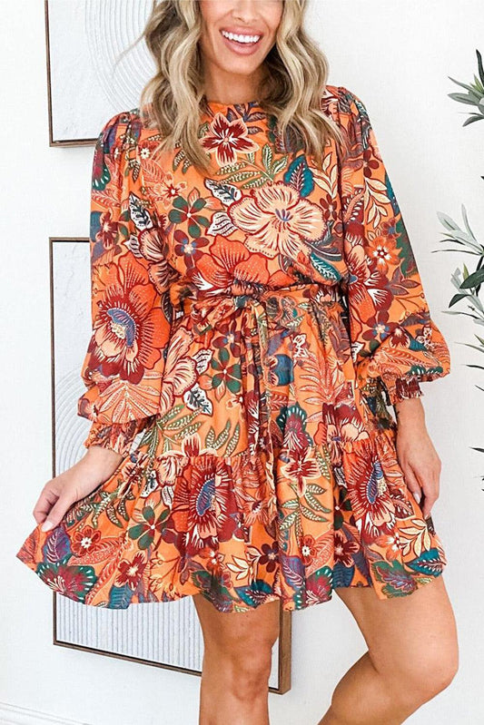 Orange Bubble Sleeve Belted Floral Dress - L & M Kee, LLC