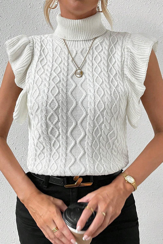 White Turtle Neck Short Sleeve Cable Knit Ruffled Sweater - L & M Kee, LLC