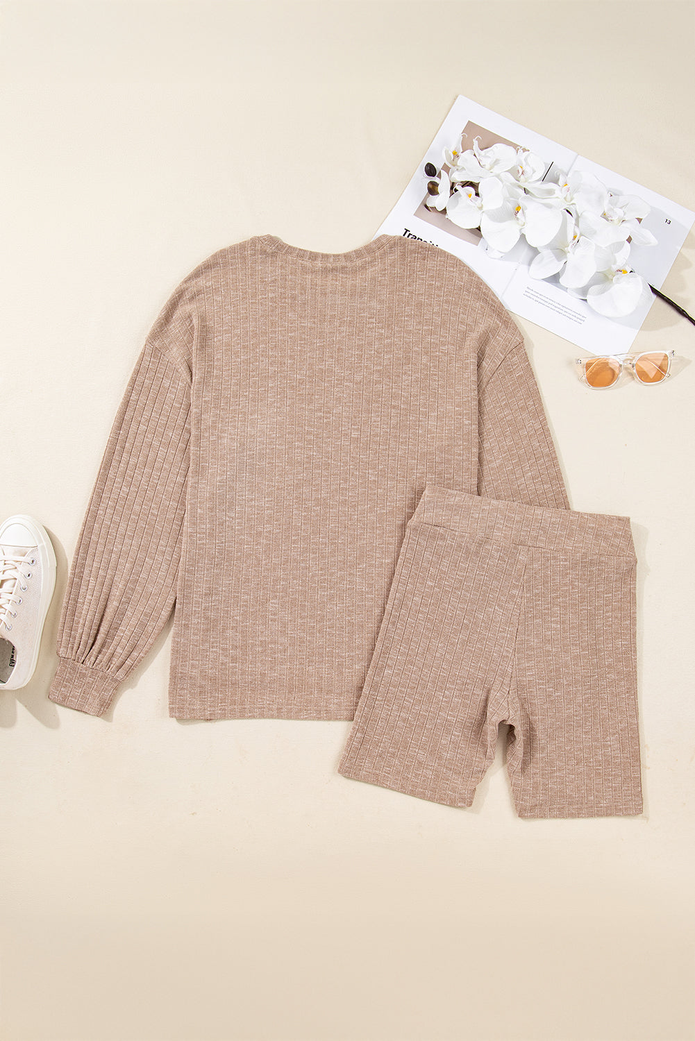 Dark Khaki Ribbed Balloon Sleeve Pullover Top and Biker Knitted Short Set