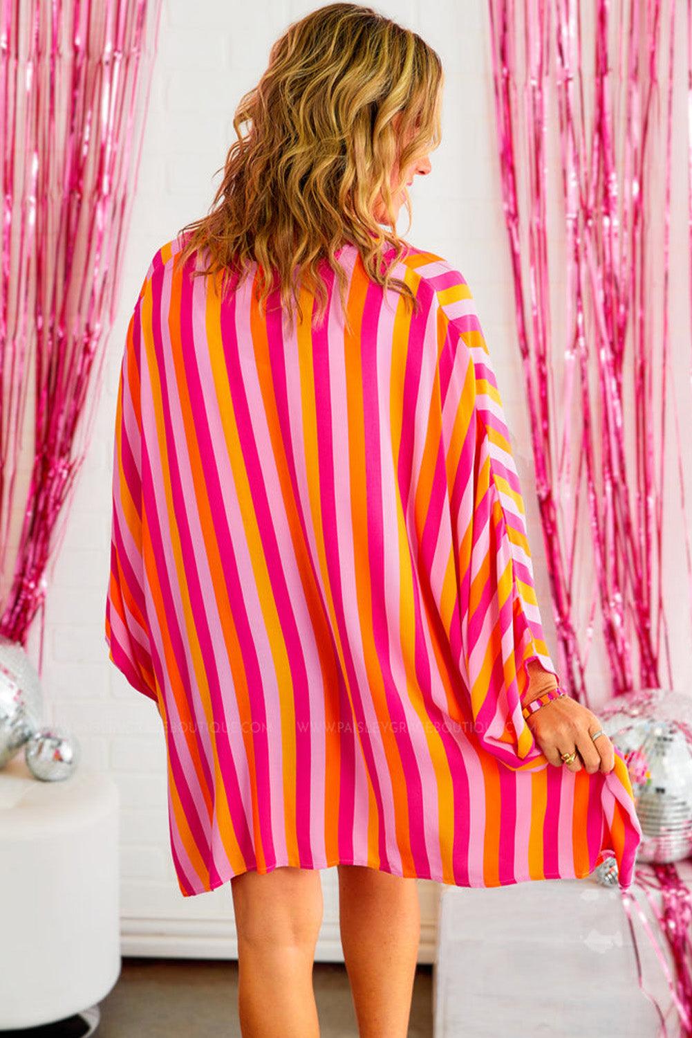 Rose Stripe Wide Sleeve Open Front Kimono - L & M Kee, LLC