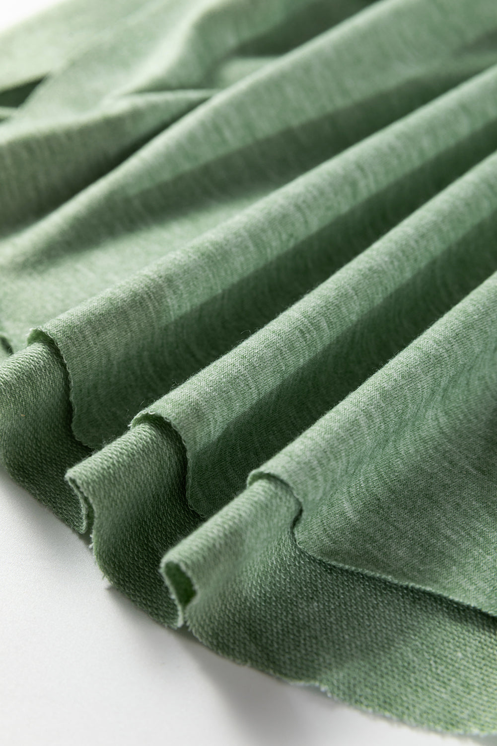 Smoke Green Notched Neck Terry Raw Hem Long Sleeve Top