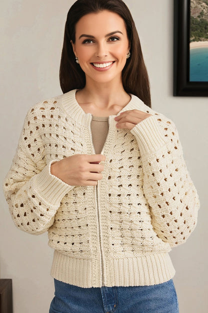 Beige Hollowed Pattern Knit Zip Up Drop Shoulder Sweater Cardigan