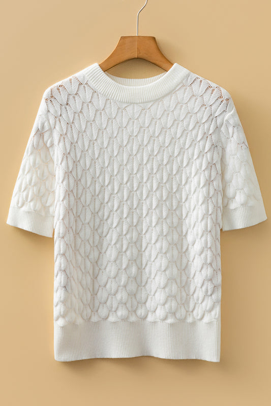 White Fish Scale Textured Knit Ribbed High Neck Short Sleeve Sweater