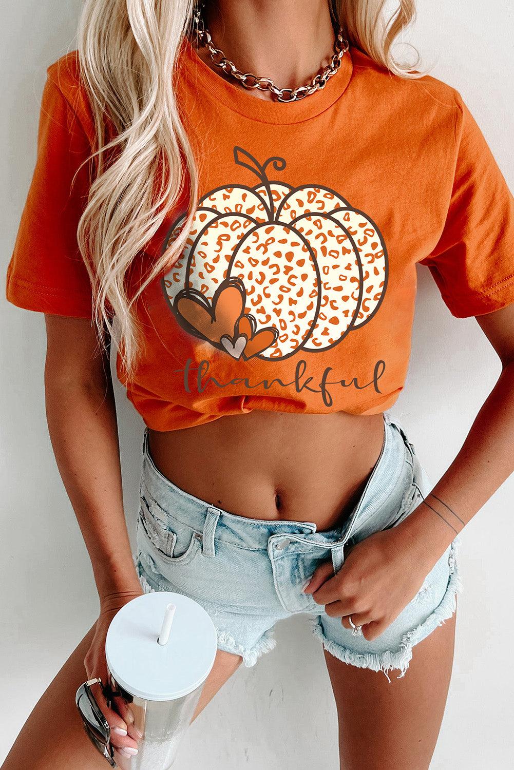 Orange Leopard Pumpkin thankful Graphic Tee - L & M Kee, LLC