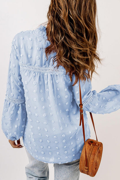 Blue Ruffled Split Neck Lace Hollow Out Puff Sleeve Polka Dot Blouse - L & M Kee, LLC