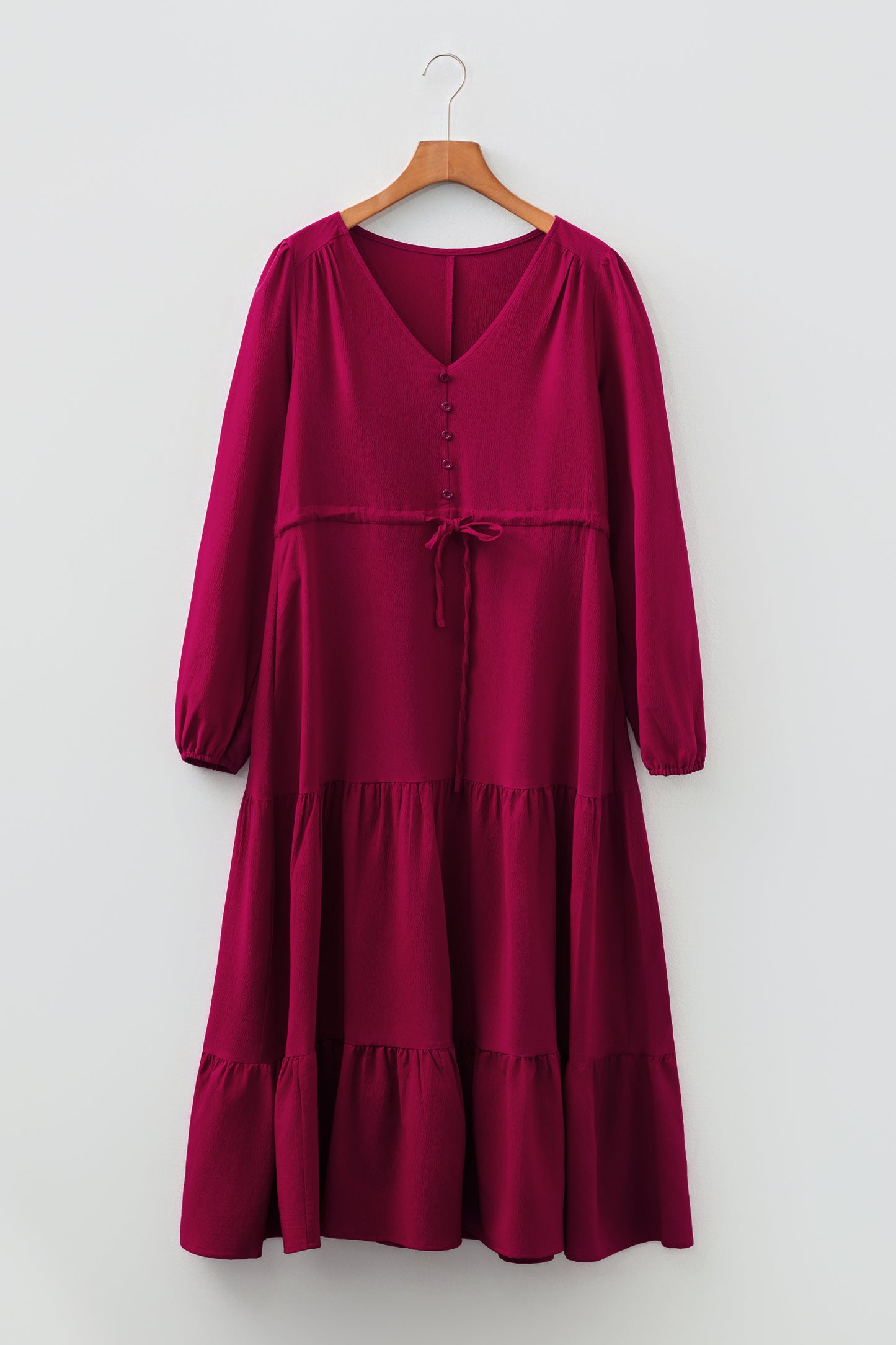 Burgundy Solid Long Sleeve Button V Neck Tiered Maxi Dress