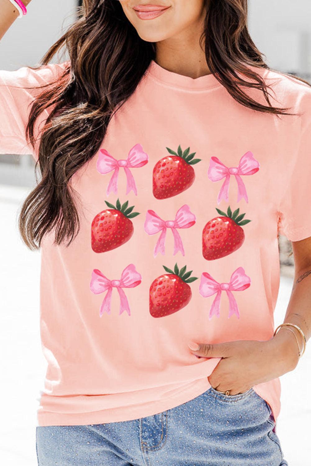 Pink Strawberry & Bowknot Graphic T Shirt - L & M Kee, LLC