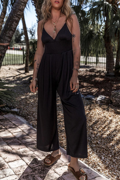 Black Wide Leg High Waist Sexy V Neck Cami Jumpsuit - L & M Kee, LLC