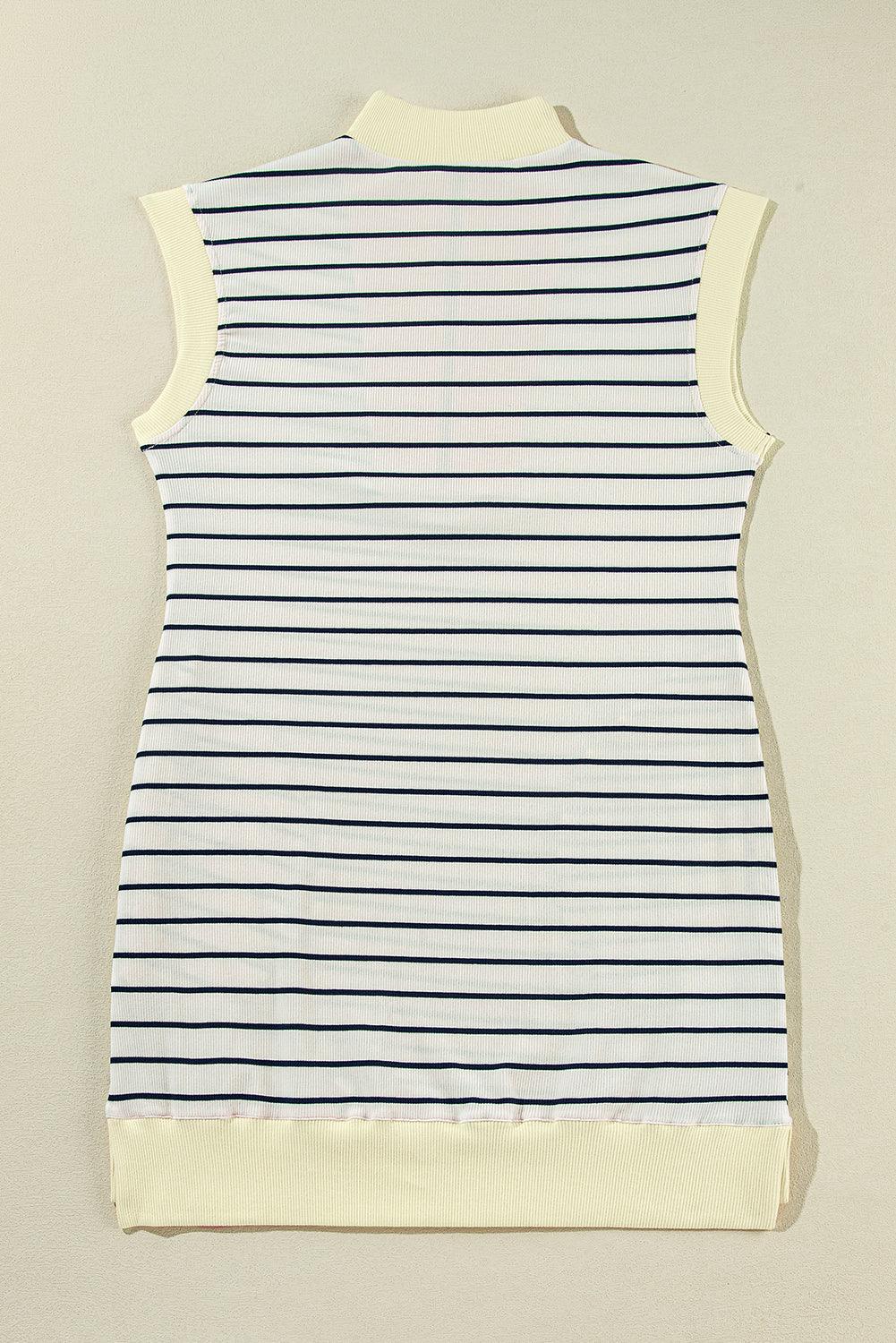 Blue Stripe Quarter Zip Collared Cap Sleeve Mini Dress - L & M Kee, LLC