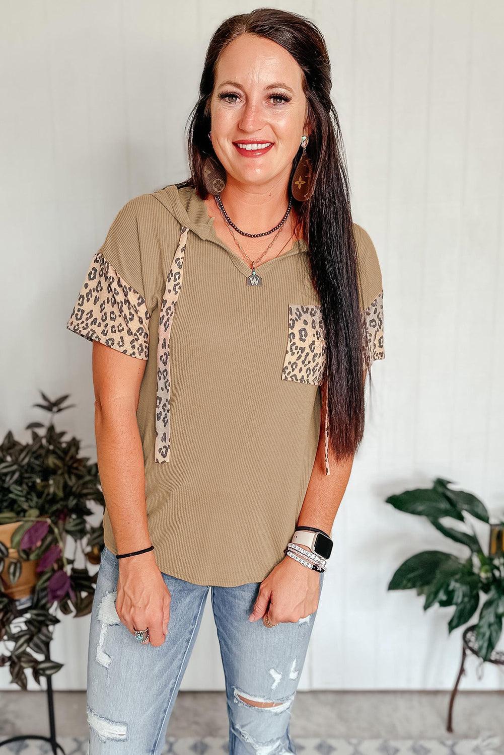 Khaki Leopard Patchwork Drawstring Hooded T Shirt - L & M Kee, LLC