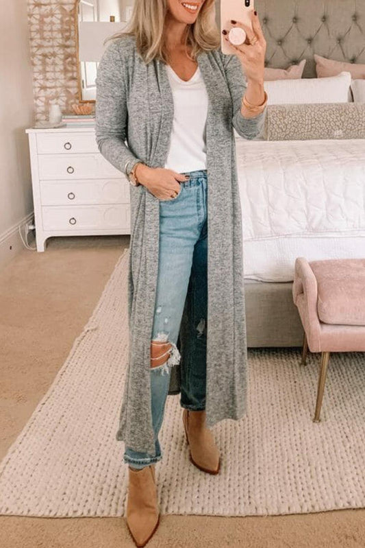 Gray Tie Back Long Open Front Cardigan - L & M Kee, LLC