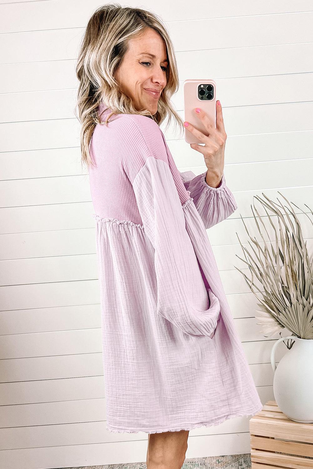 Pink Patchwork Crinkle Puff Sleeve Shirt Dress - L & M Kee, LLC