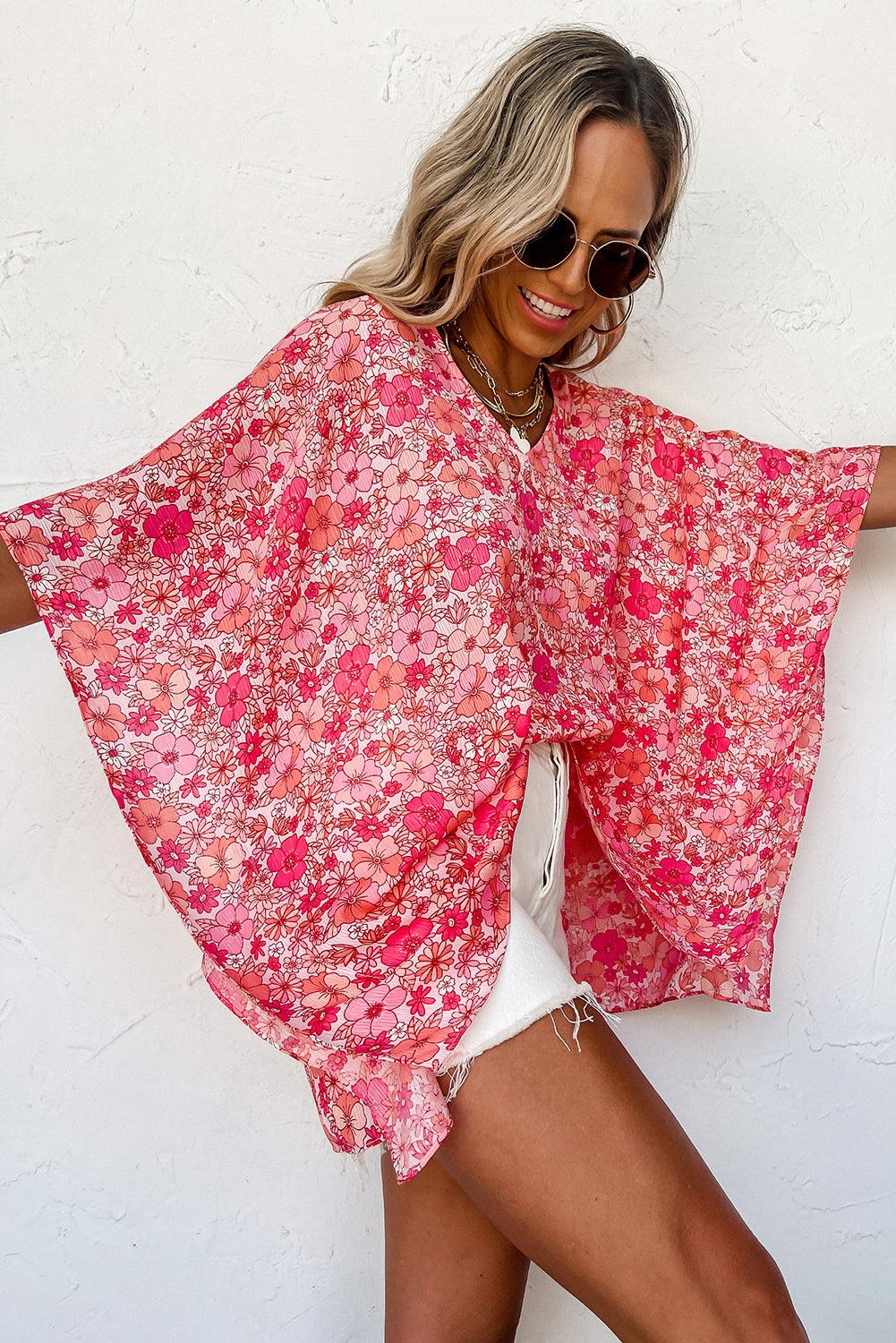 Pink Boho Floral V Neck Kimono Style Blouse - L & M Kee, LLC