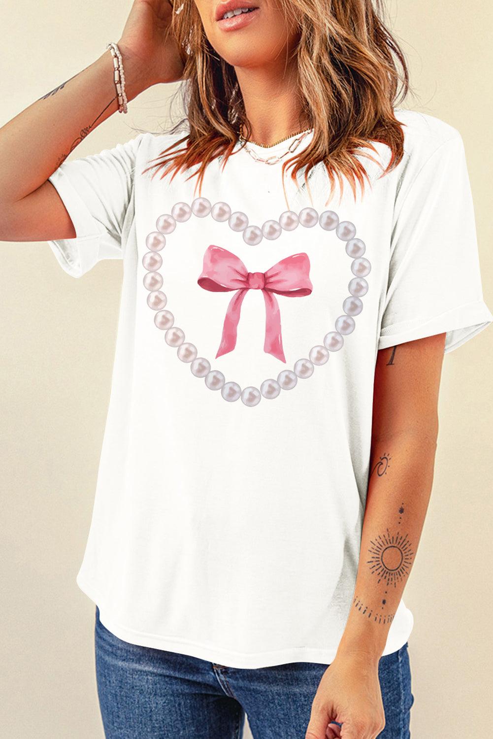 White Pearl Heart Bowknot Graphic T Shirt - L & M Kee, LLC