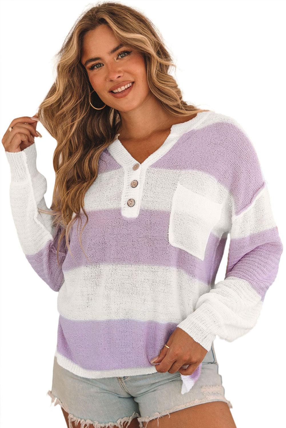 Striped Knit Button Ribbed Split Neck Sweater - L & M Kee, LLC