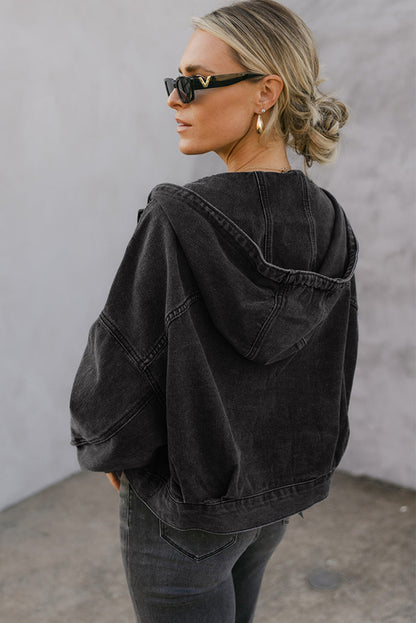 Black Big Chest Pocket Drop Shoulder Hooded Denim Jacket